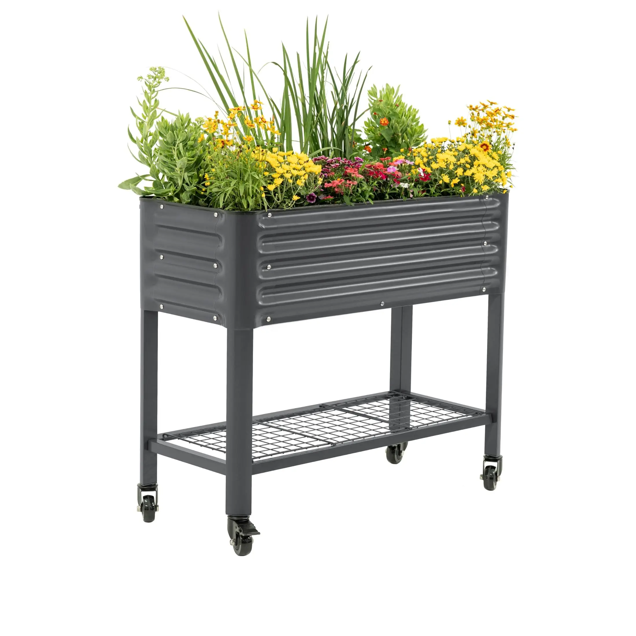 Rolling Elevated Raised Garden Bed, 1.5' x 3.5' Outdoor Planters Boxes with Legs & Storage Rack for Patio, 500 Lbs