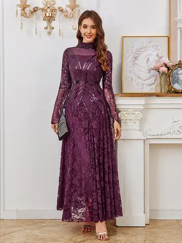 Elegante vestido negro de fiesta con lentejuelas y cuentas, vestido de noche largo de manga larga con vestido de encaje para Halloween, Navidad, fiesta, boda