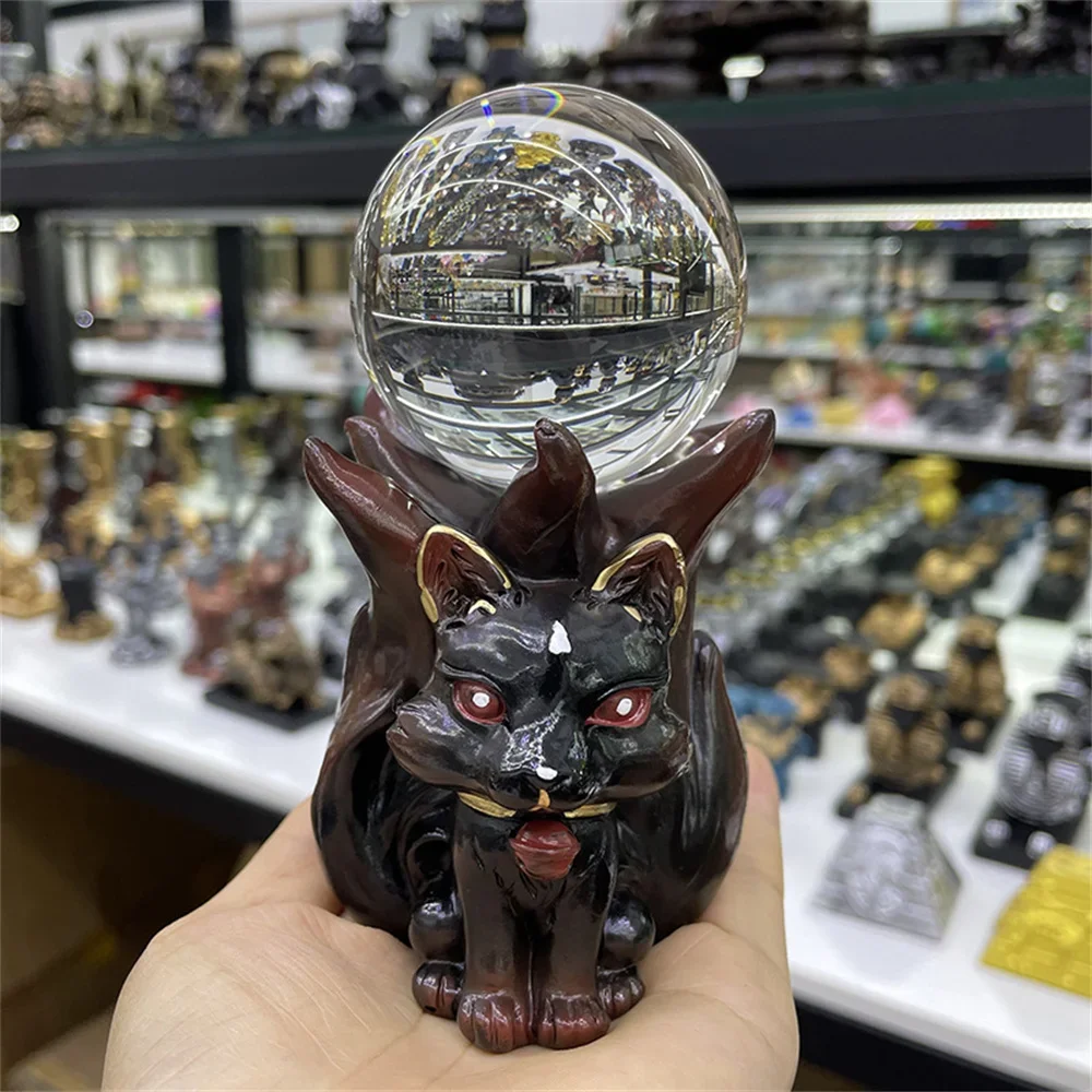 Nine Tailed Fox Statue Crystal Balls Display Stand Animal Crystal Balls Resin Base Lucky Wealth