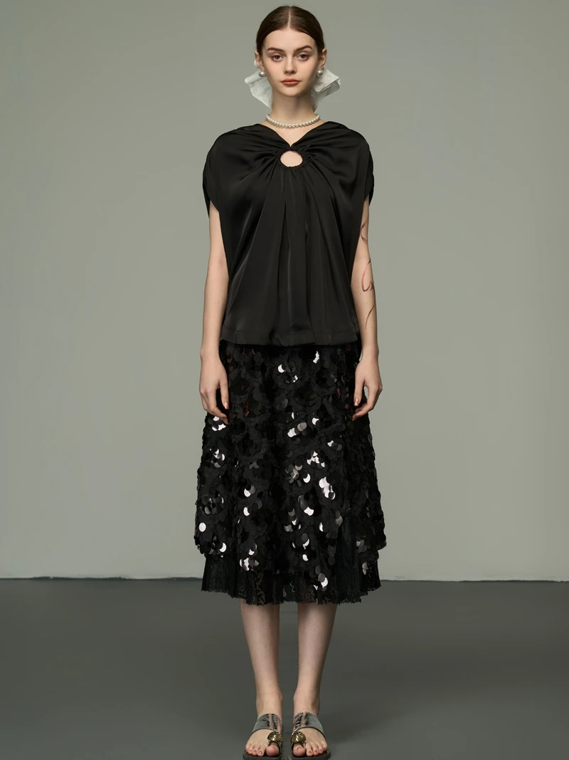 

Niniliuiu ell Bead Sequin Lace Patchwork f Skirt Versatile Slimming Loose Waist Faionable A-Line Polyester Summer