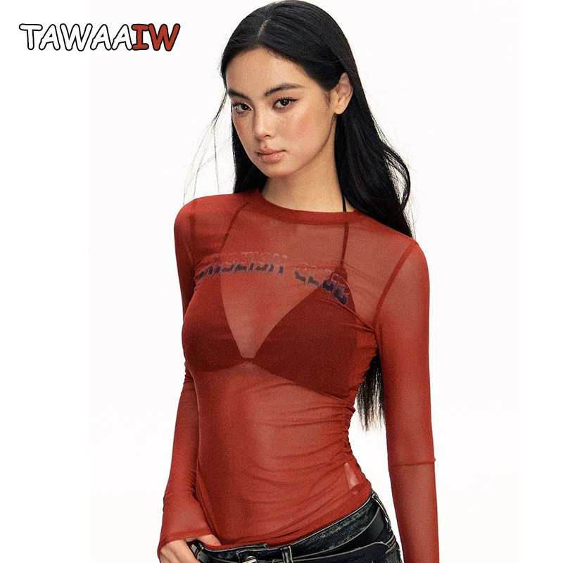 

Tawaaiw красные сетчатые топы с длинным рукавом, тонкая футболка, женская одежда, весенние топы с буквенным принтом, футболки с графическим рисунком, одежда 2000-х годов Y2k