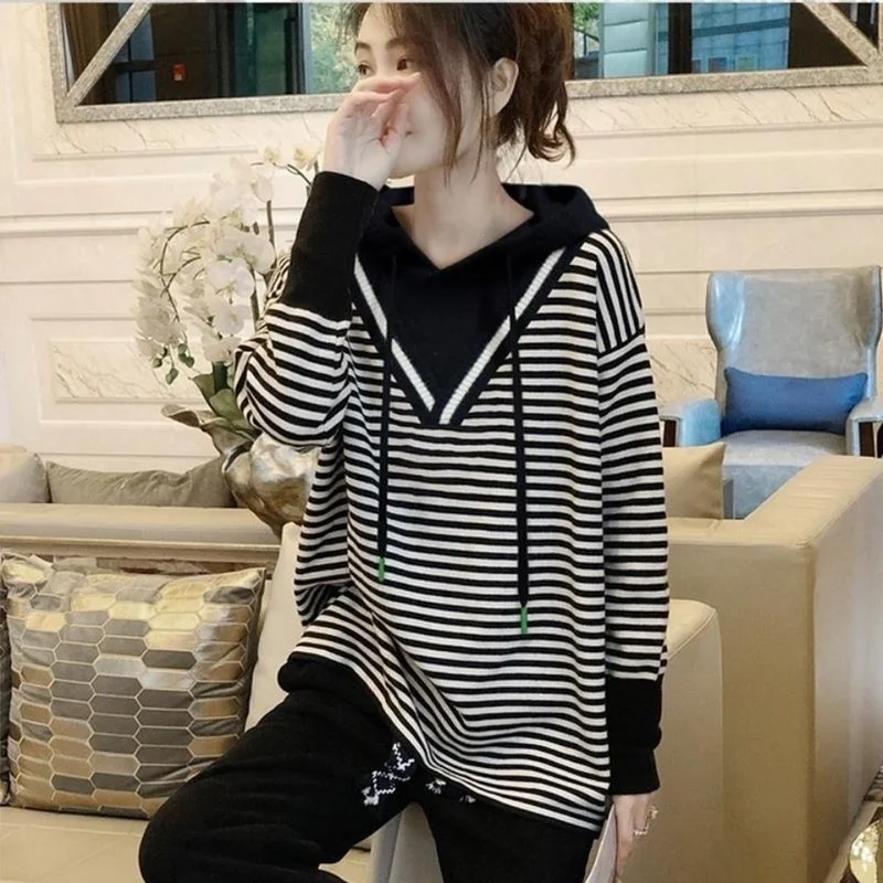 Korean Fashion Vintage Autumn Essentials Hoodies Woman Hooded Sweatshirt Aesthetic Designer Stripe Streetwear Hoodie for Women