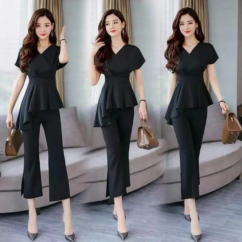 Casual Elegant Fashion Solid Folds Pant Sets Summer 2024 V-Neck Short Sleeve Top Elastic Waist Full Length Pants Slim Women Sets