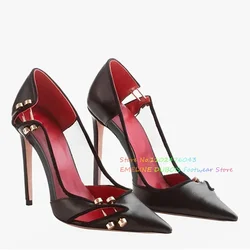 Black Mesh Splicing Rivets High Heel Pump Women Sexy Pointy Toe Leather Stiletto Heel Slip On Hollow Summer Party Dress Shoes