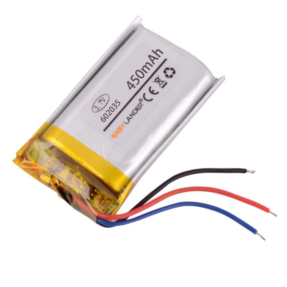 3 Wire 602035 3.7V 450mAh Lithium Polymer Battery Replacement For MP3 DVR GPS Wireless Home Monitor 3g Camera  Baby Monitor