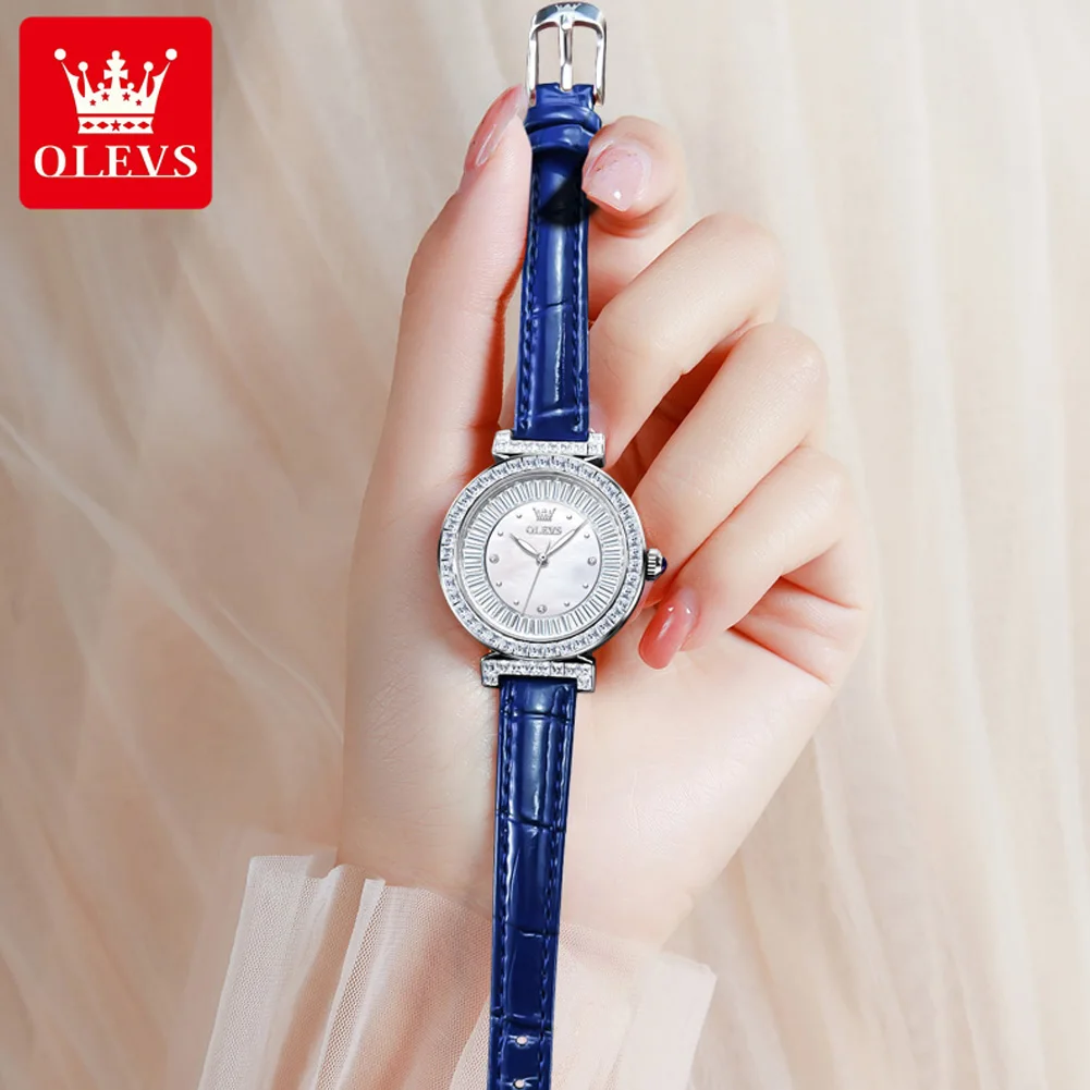 OLEVS-Montre-bracelet à quartz étanche pour femme, montres d'affaires de luxe, bracelet en cuir bleu, date, 9983