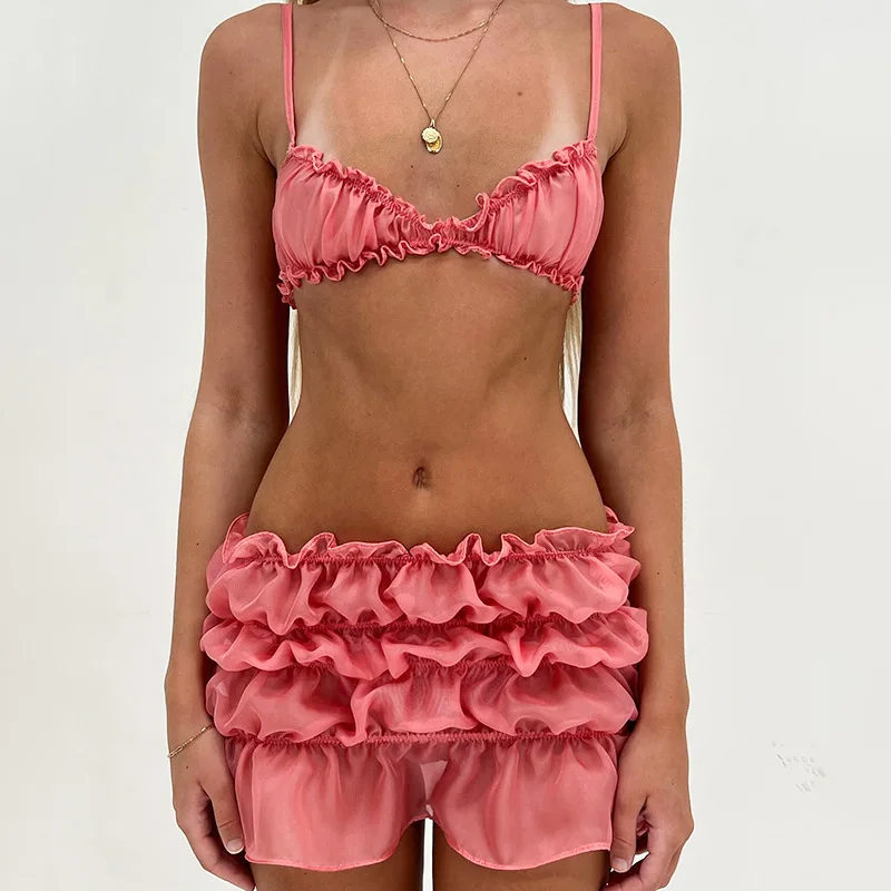 Ruffled 2-piece Set For Women Summer Beach Style Resort Thin Camisole + Pleated Peach Blossom Hip Skirt Sexy Matching Home Wear