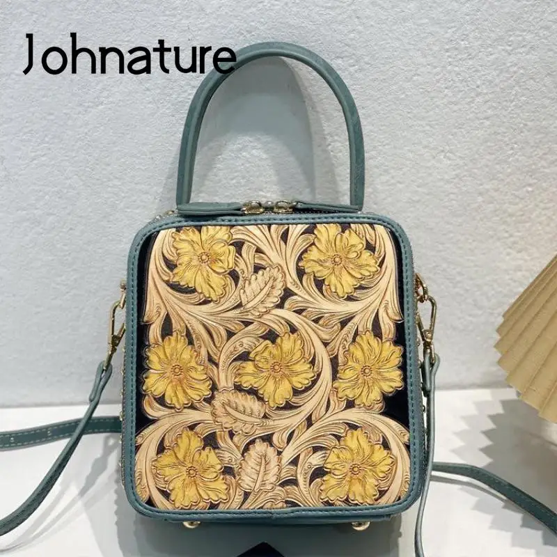 

Johnature Retro Leather Carving Women Bag 2024 New Chinese Style Versatile Handbag Leisure Portable Shoulder & Crossbody Bags