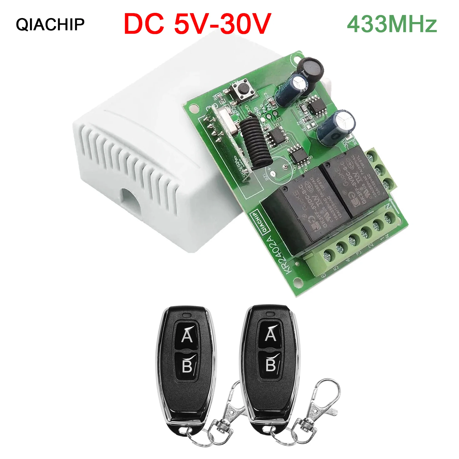 QIACHIP-interruptor de Control remoto de 433MHz, relé inalámbrico, módulo de 2 canales, transmisor RF DC 5V 12V 24V 30V 48V 60V, lámpara de luz para