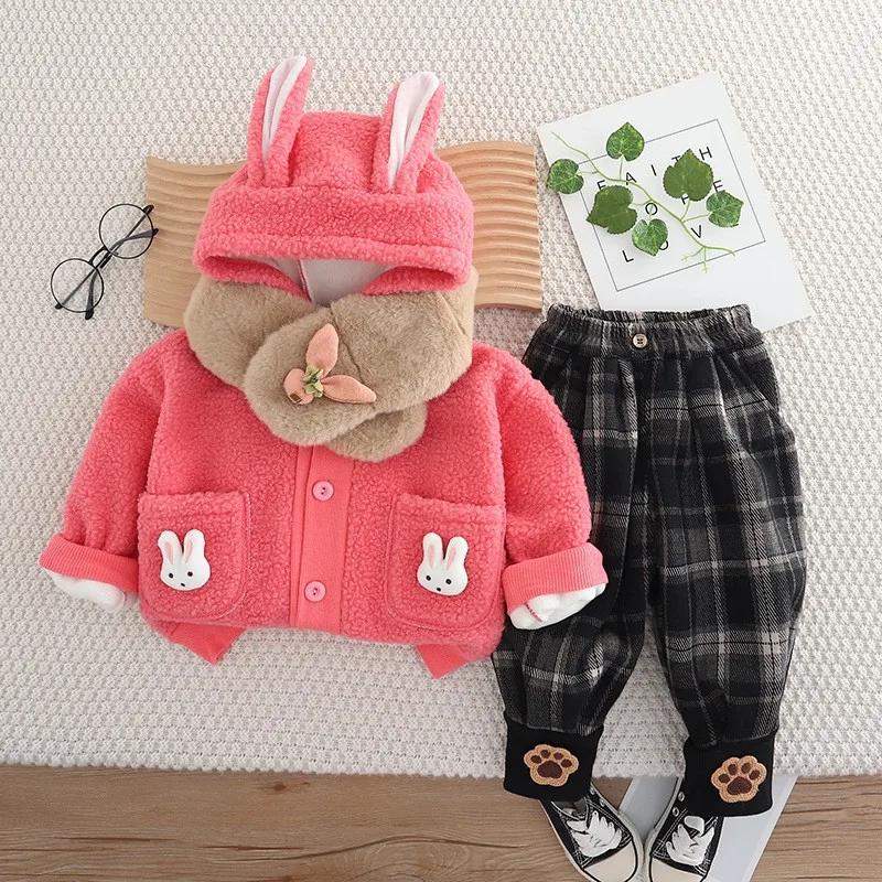 Baby girl set autumn and winter new item children's plush thick cartoon hooded jacket+pants two-piece set