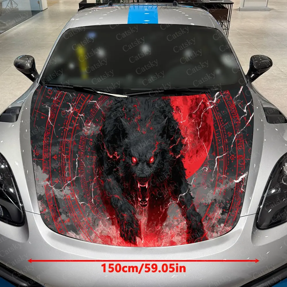 Red Moon Array Demon Wolf Car Vinyl Wrap, PVC Waterproof Car Hood Sticker, Self-Adhesive Scratch-Resistant Stickers