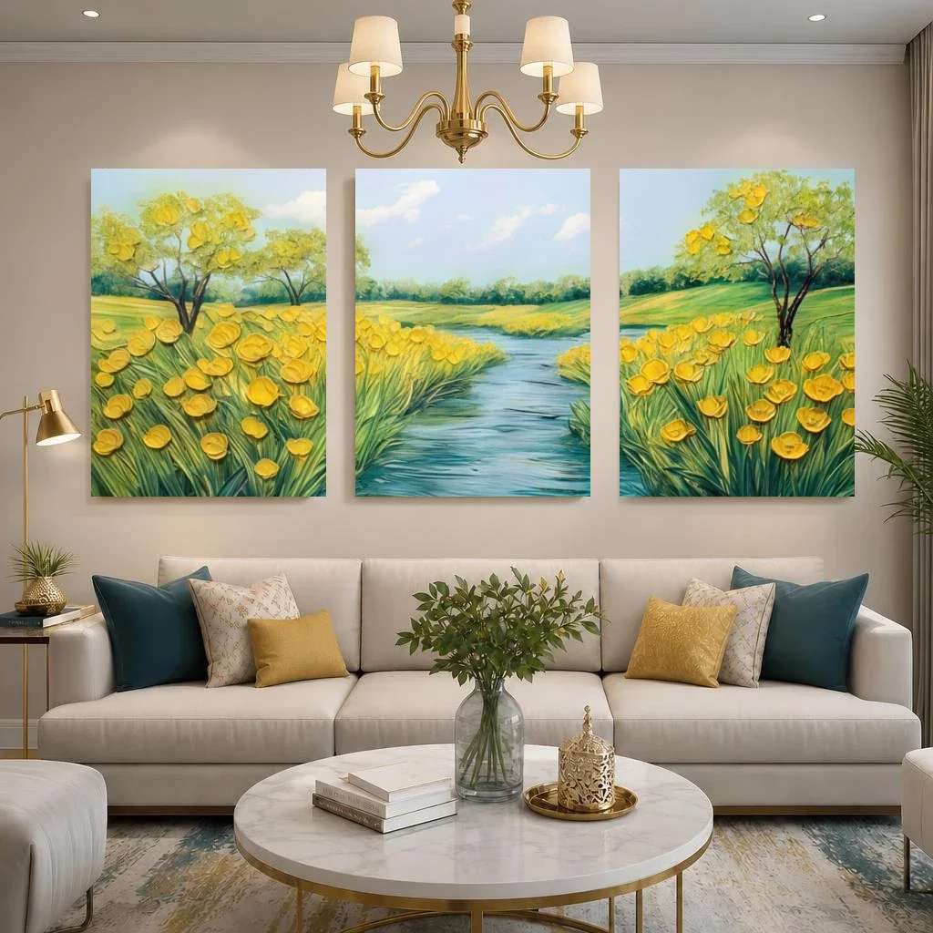 2D Flat, 2D Flat, 3pcs Modern Floral Stream Wall Art, Minimalist Spring Landscape Prints, Frameless Home Decor for Living Roo