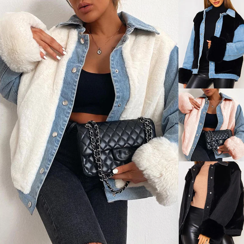 

2023 Thicken Denim Jacket Women Spliced Fur Coat Autumn Winter Loose Jean Fluffy Outerwear Streetwear Female Warm Casual Tops