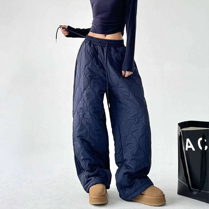 Women Winter Warm Stitched Cotton Pants Casual Loose Quilted Padded Trousers Elastic High Waist Drawstring Pants