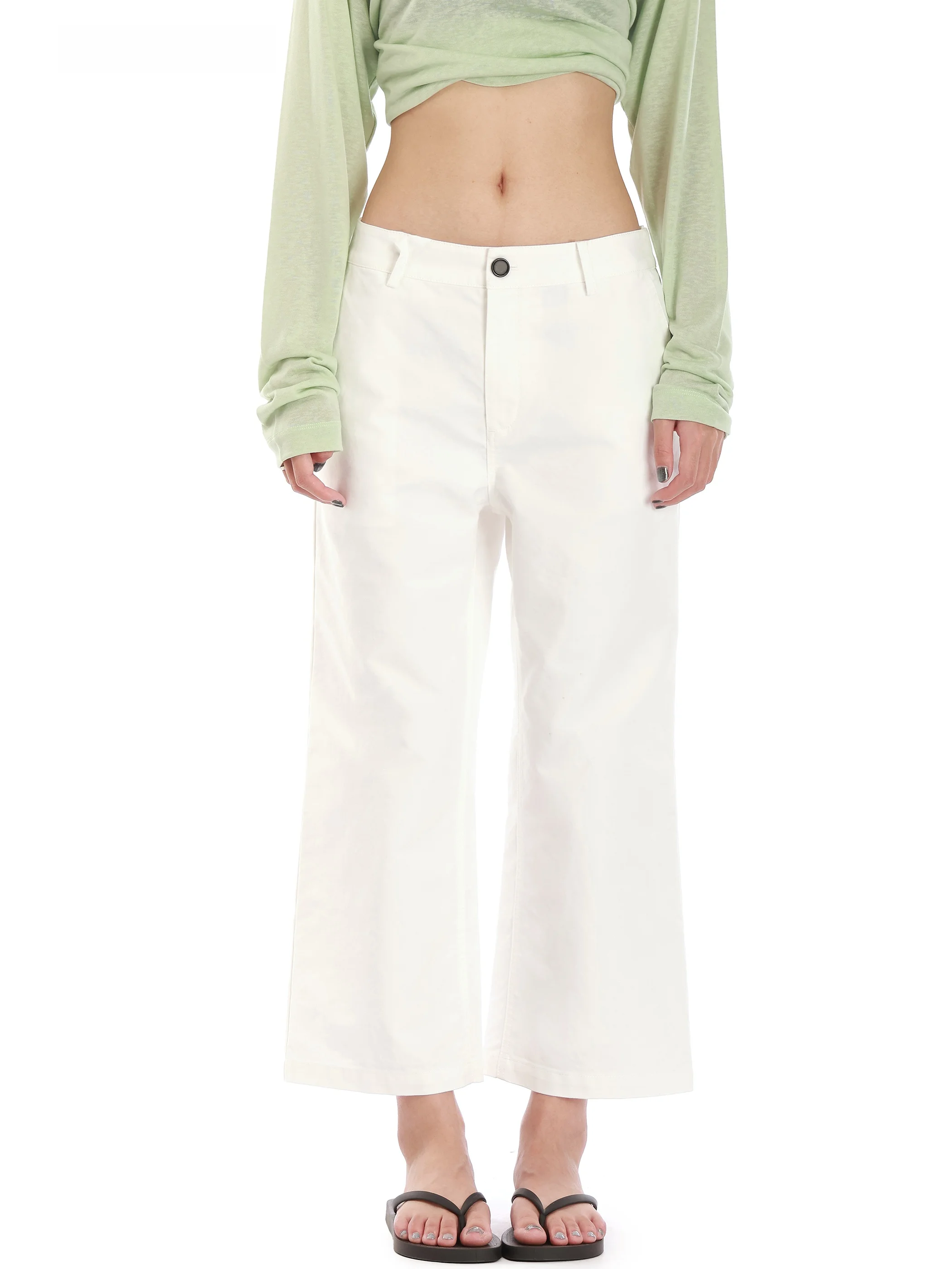 White Cotton Fermented Wash Straight Leg Low Waist Micro Flare Seven-Foot Women's Summer Casual Slimming American Mid-Calf Pants