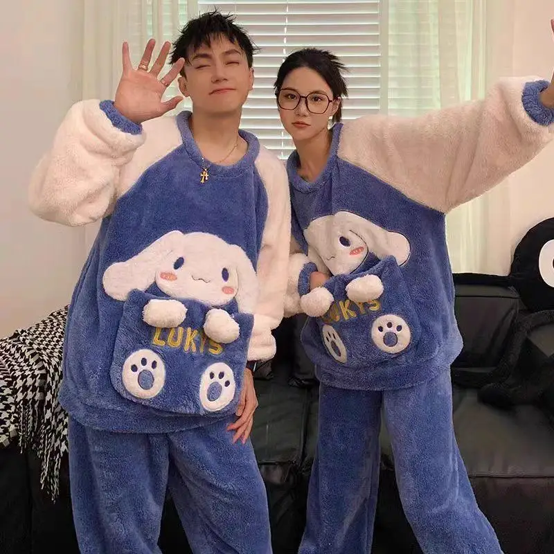 Sanrios Cinnamoroll Pajamas Set Women Men Thicken Winter Warm Anime Pochacco Kawaii Sleepwear Korean Loose Couple Homewear Suit