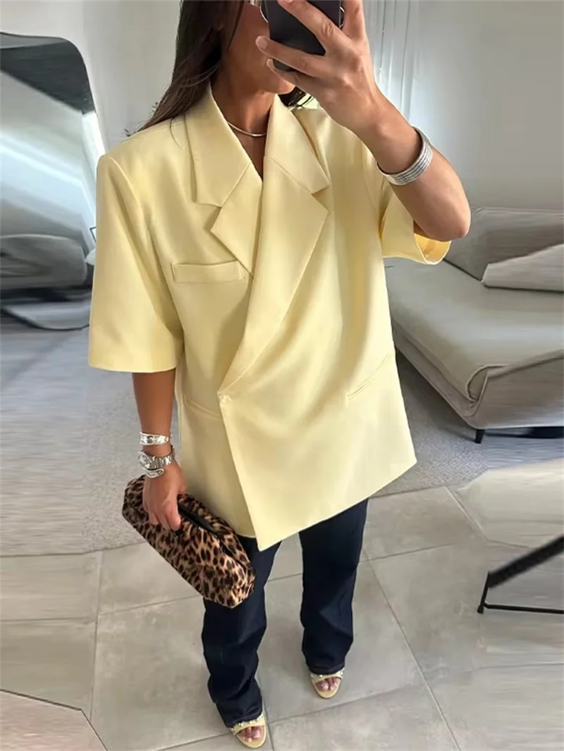 แจ็คเก็ตสูทผู้หญิงหลวมLapelหนึ่งปุ่มแขนสั้นBlazers 2025 ฤดูร้อนElegant Lady Office Outwear Street