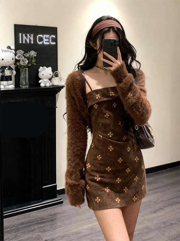 

Retro Knitted Long Sve Dr Women's Autumn Winter Slim Fit ort Skirt Two Piece Set Faionable Casual Plant Floral Pattern