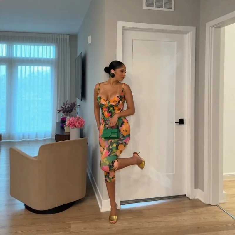 

Floral Print Slim 2 Piece Set Women Ruched Spaghetti Straps Backless Tanks Tops + Skinny Calf Length Pants Casual Beach Suits