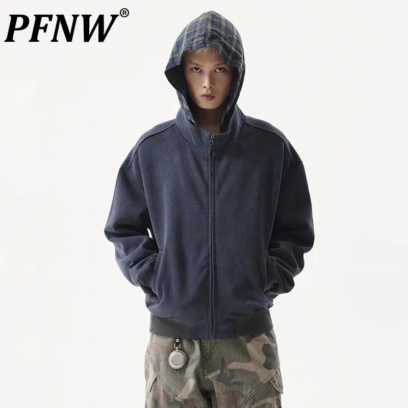 PFNW Fake Two-piece Plaid Patchwork Streetwear Hooded Sweatshirt Men's American Worn-out Loose Male Cardigan Tops Trendy 28W4648