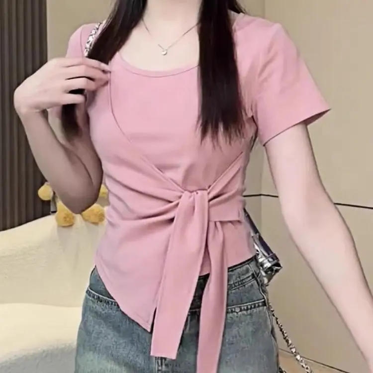 Summer women's clothing new solid color commuter wind split end strap waist slim irregular short-sleeved T-shirt