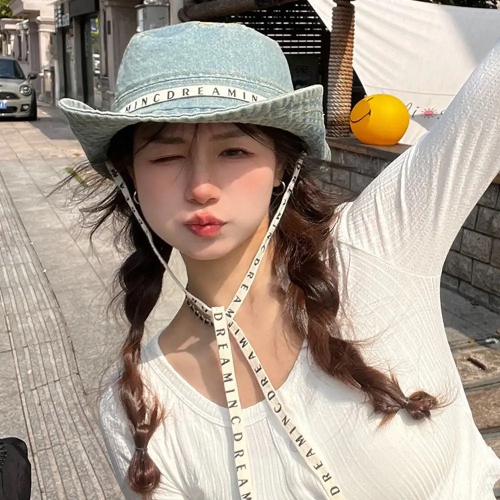 

Fashion Big Brimmed Denim Bucket Hat With Tie Belt Letter Jeans Fisherman Hat Sunscreen Visor Sunscreen Hat Travel