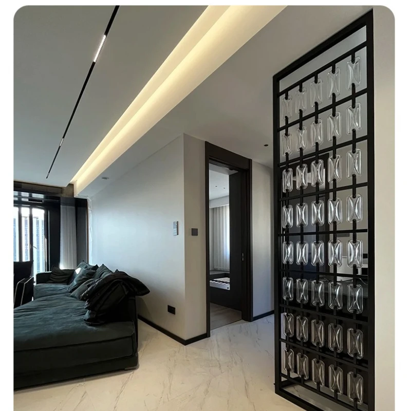 

Retro Chinese stainless steel screen partition living room light luxury entry entrance hotel villa background wall partition