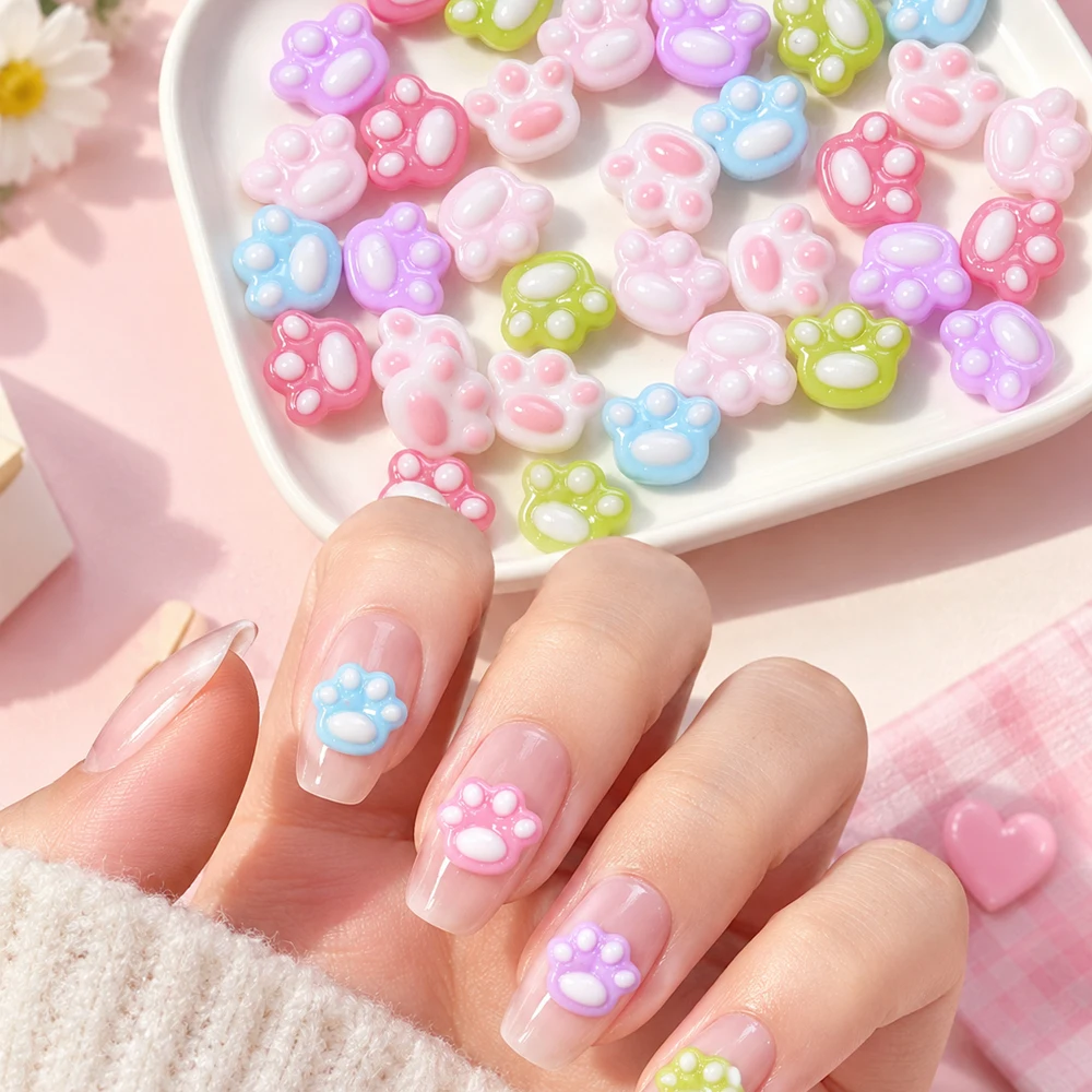50Pcs 3D Mixed Resin Cat Paw Nail Charms Cute Cartoon Paw Print Nail Decoration Kawaii Animal Paw Design DIY Manicure Supplies