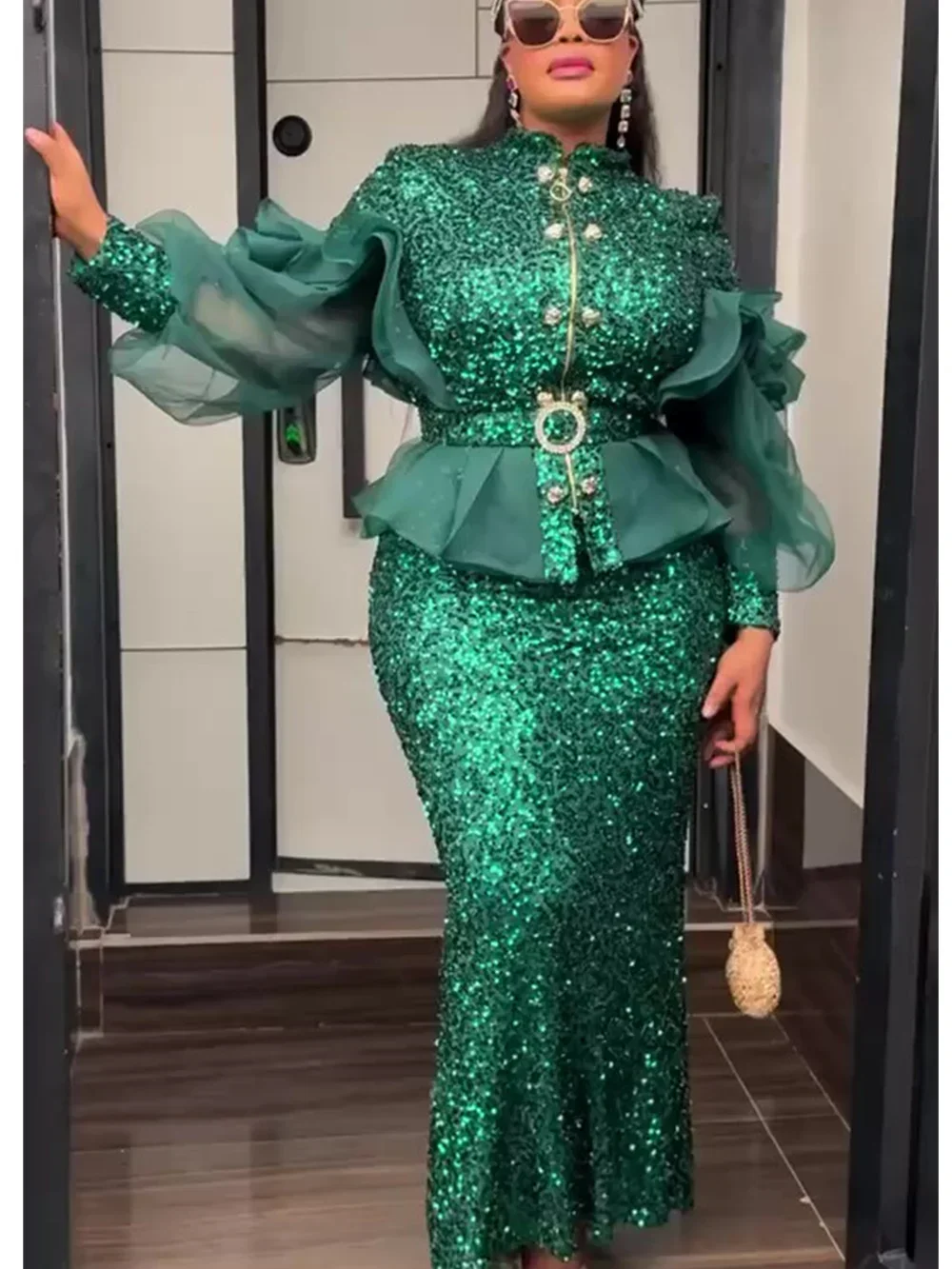 

African Clothes for Women 2 PCS Sets Tops And Skirts Suits Dashiki Ankara Turkey Sequin Outfit Plus Size Wedding Party Dresses