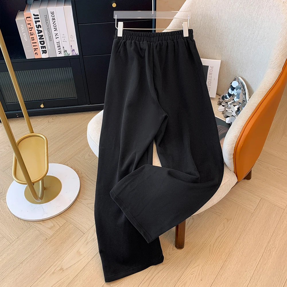 Plus size women's casual versatile wide-legged straight trousers black loose high-waisted simple outdoor sports trousers