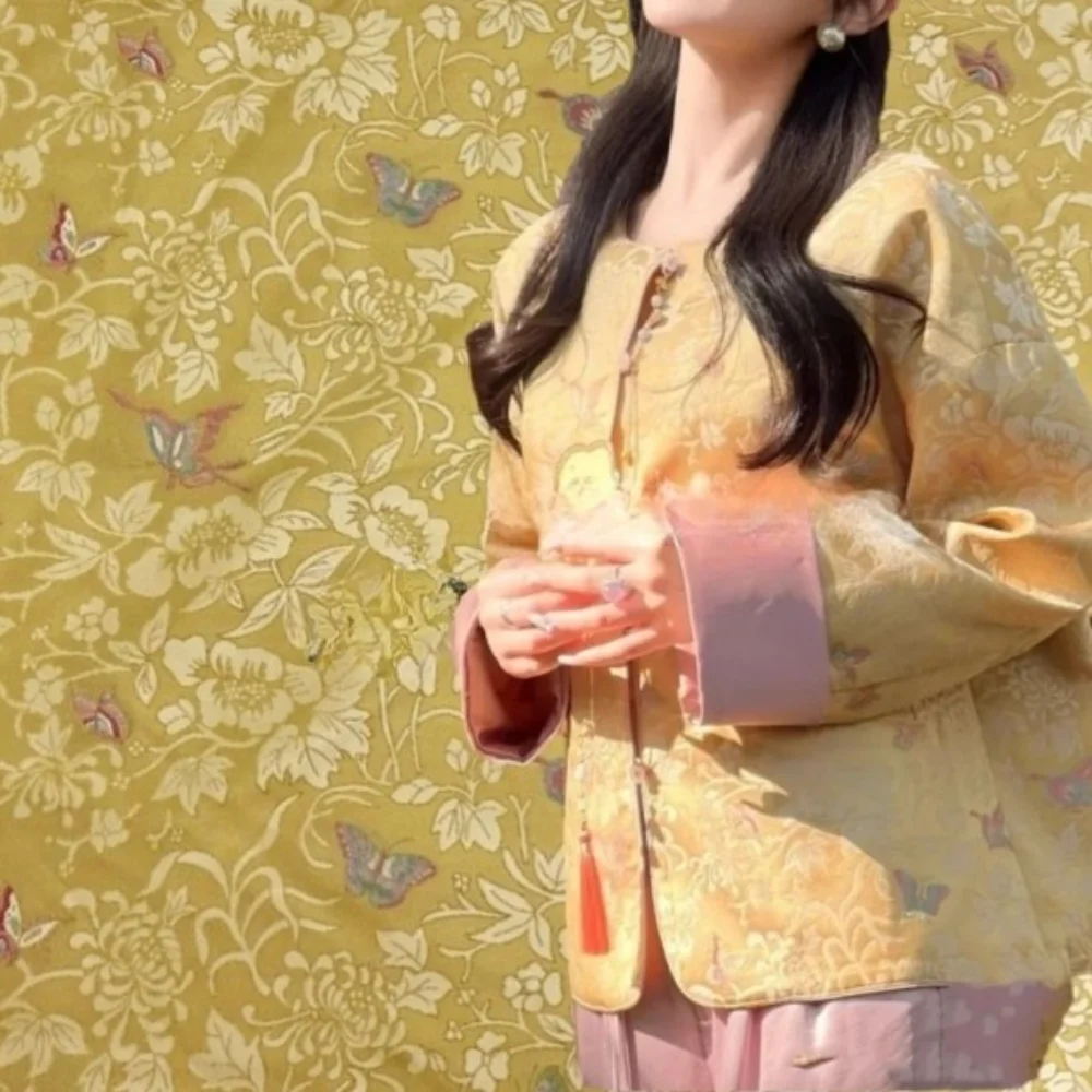 

Парчовая ткань, желтая пряжа-бабочка, окрашенная жаккардовая одежда, костюм, пальто, ткань на метр, полиэстер