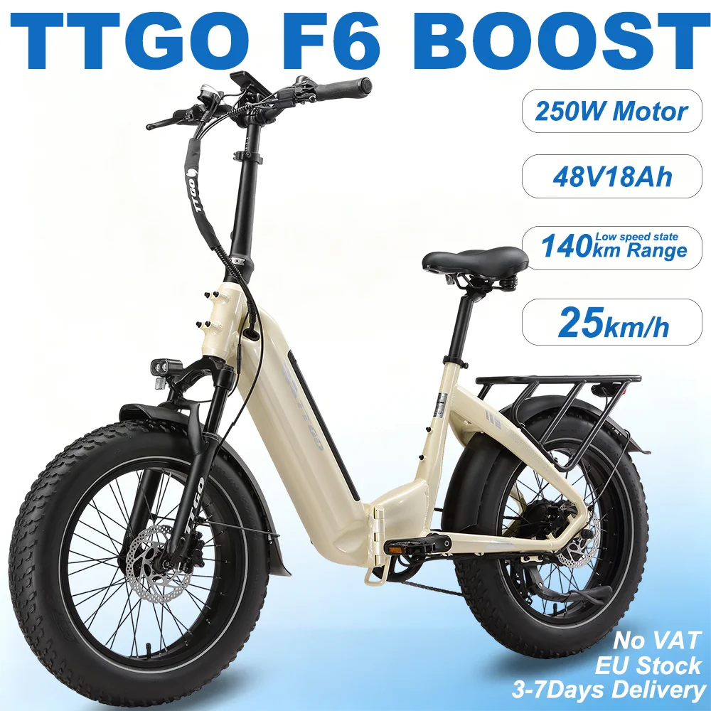 TTGO F6 Boost Bicicletta Elettrica,Piegabile Pneumatico Grosso 20",Batteria Rimovibile 48V 18Ah,Motore Posteriore 250W,Sensore Coppia 70Nm,7 Marce,Freni Disco Idraulici,Autonomia Pedalata