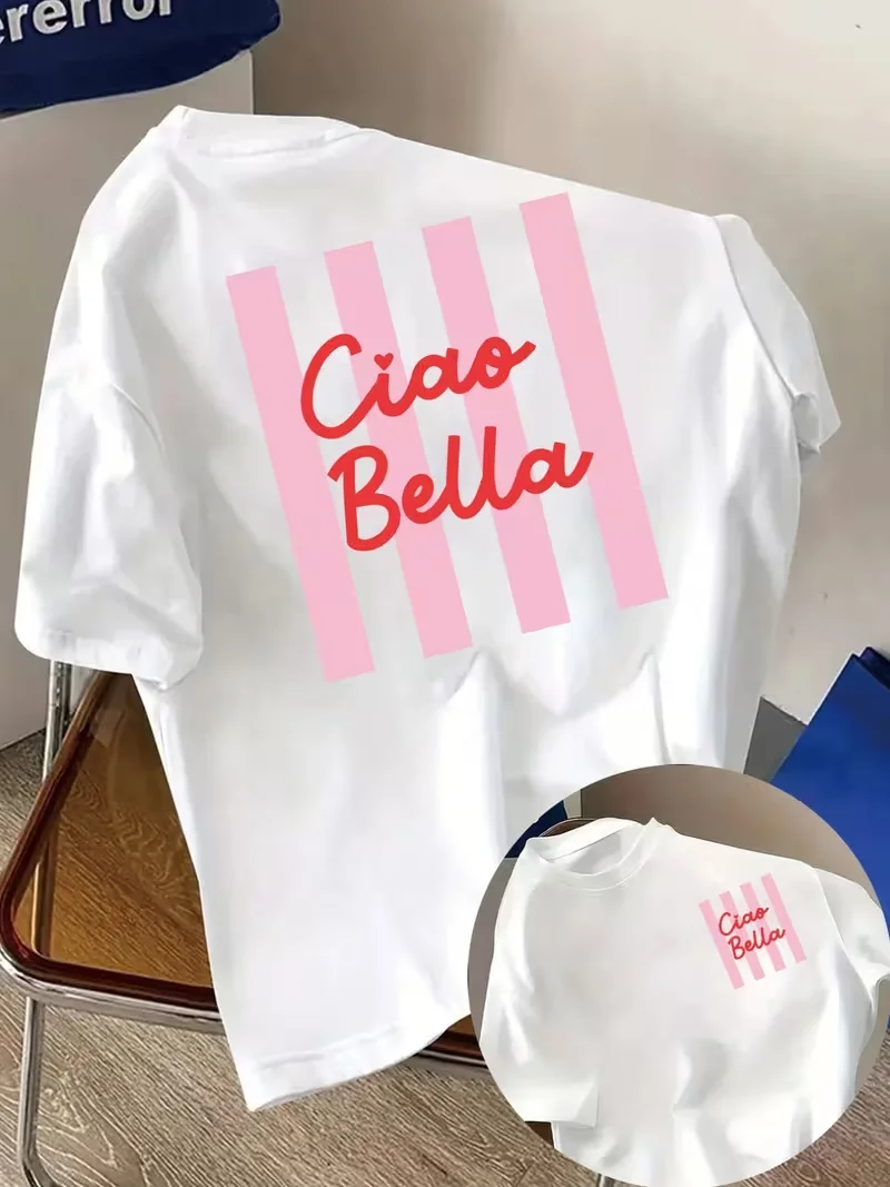 Camiseta de Manga Corta Ciao Bella Graphics con Estampados Delanteros y Traseros, Ropa de Mujer, Camiseta Casual Holgada y Duradera