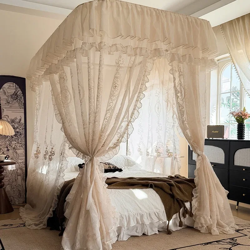 yesPalace style jacquard lace mosquito net three doors floor to ceiling bed mantle encryption home bedroom