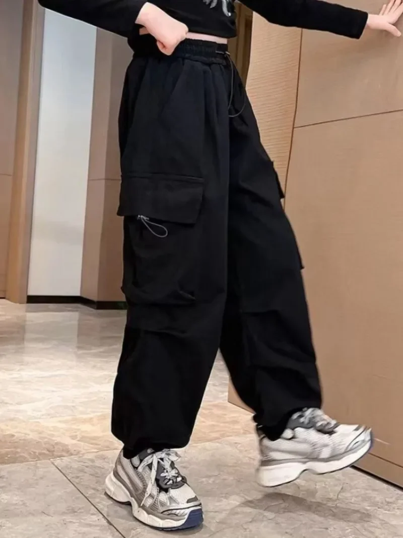 Girl's Cargo Pants for Ages 5-12 Spring Streetwear Dance Pants with Adjustable Waist Multiple Pockets Kids Utility Trousers