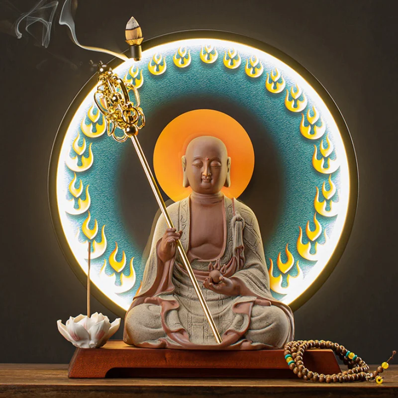 Zen-Inspired Large Decorative Piece With A Staff, Ceramic Buddha Statue For Villas, Clubs, And Living Rooms, Home Decor Craft