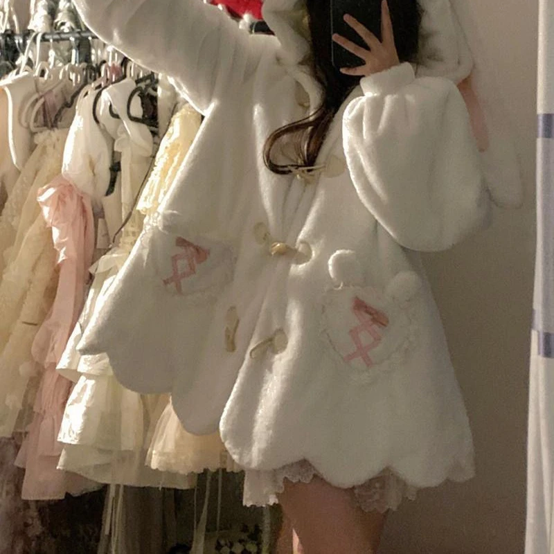 Japanischen Stil Süße Mädchen Niedlichen Kaninchen Ohren Mit Kapuze Plüsch Jacke Frauen Winter Teenager Student Gepolsterte Verdicken Kawaii Lose Beige Mantel