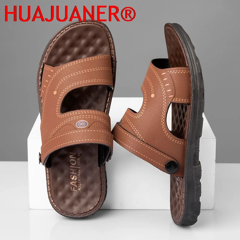 2025 Men's Summer New Sandals and Slippers Men's Leather Sandals Adult Thick-soled Beach Shoes Non-slip Open-toe Leather Sandals