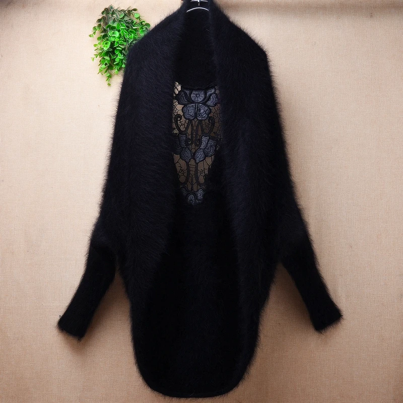 

Ladies Women Fall Winter Thick Warm Black Hairy Lace Mink Cashmere Knitted Long Batwing Sleeves Loose Cardigans Mantle Sweater