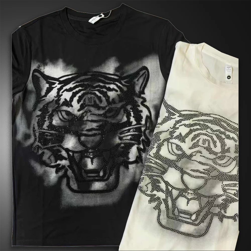 2026 High Quality Rhinestones Tiger Head T-shirt Mens Fashion T Shirt Men Short Sleeve Streetwear Casual O-Neck Tee Shirt Homme