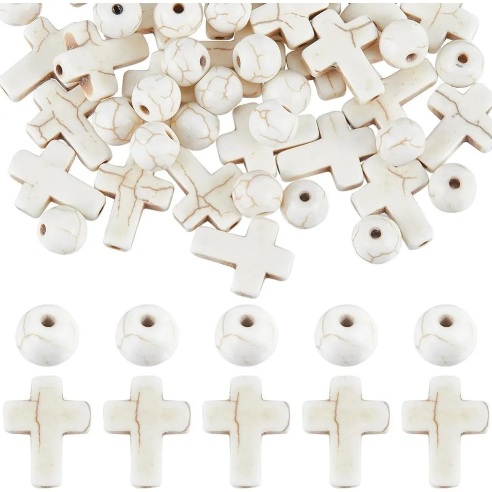 1 Box 160Pcs White Cross Beads 8mm Round Loose Spacer Beads Bulk 16x12mm Mini Small Synthetic Turquoise Stone Cross Bead