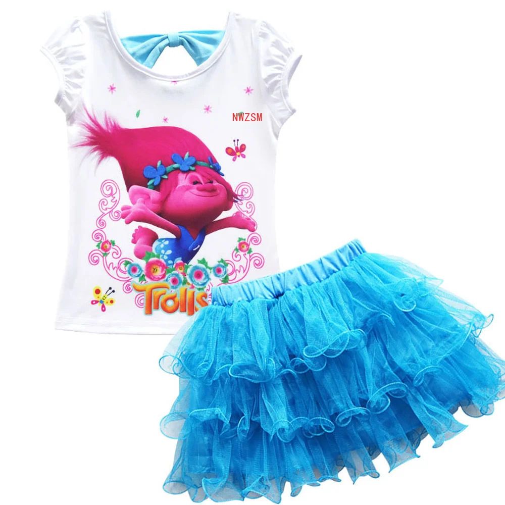 Moda abbigliamento per bambini ragazze troll Anime T-shirt + gonna 2 pezzi festa di compleanno Costume abito estivo cartone animato abiti manica corta