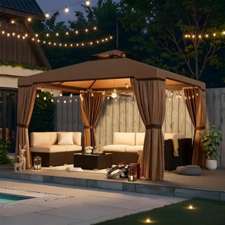 10 x 10 Feet Outdoor Gazebo for Patio Iron Fe Garden Permanent Gazebo with Vented t  and Mosquito Netting Khaki