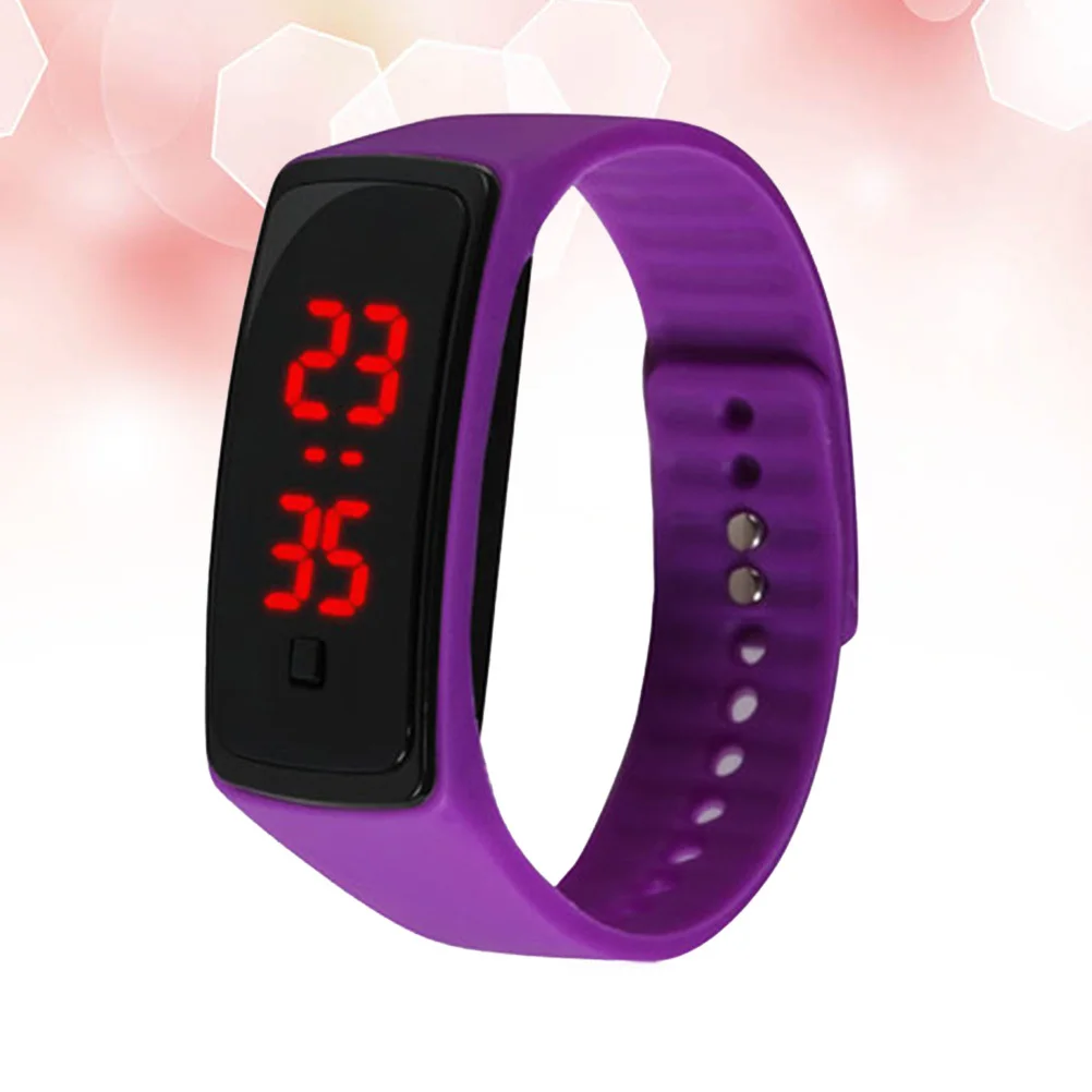 ساعة يد عصرية للاستخدام الخارجي، شاشة LED أرجوانية، سوار سيليكون للجنسين، ساعة رياضية للجري للطلاب