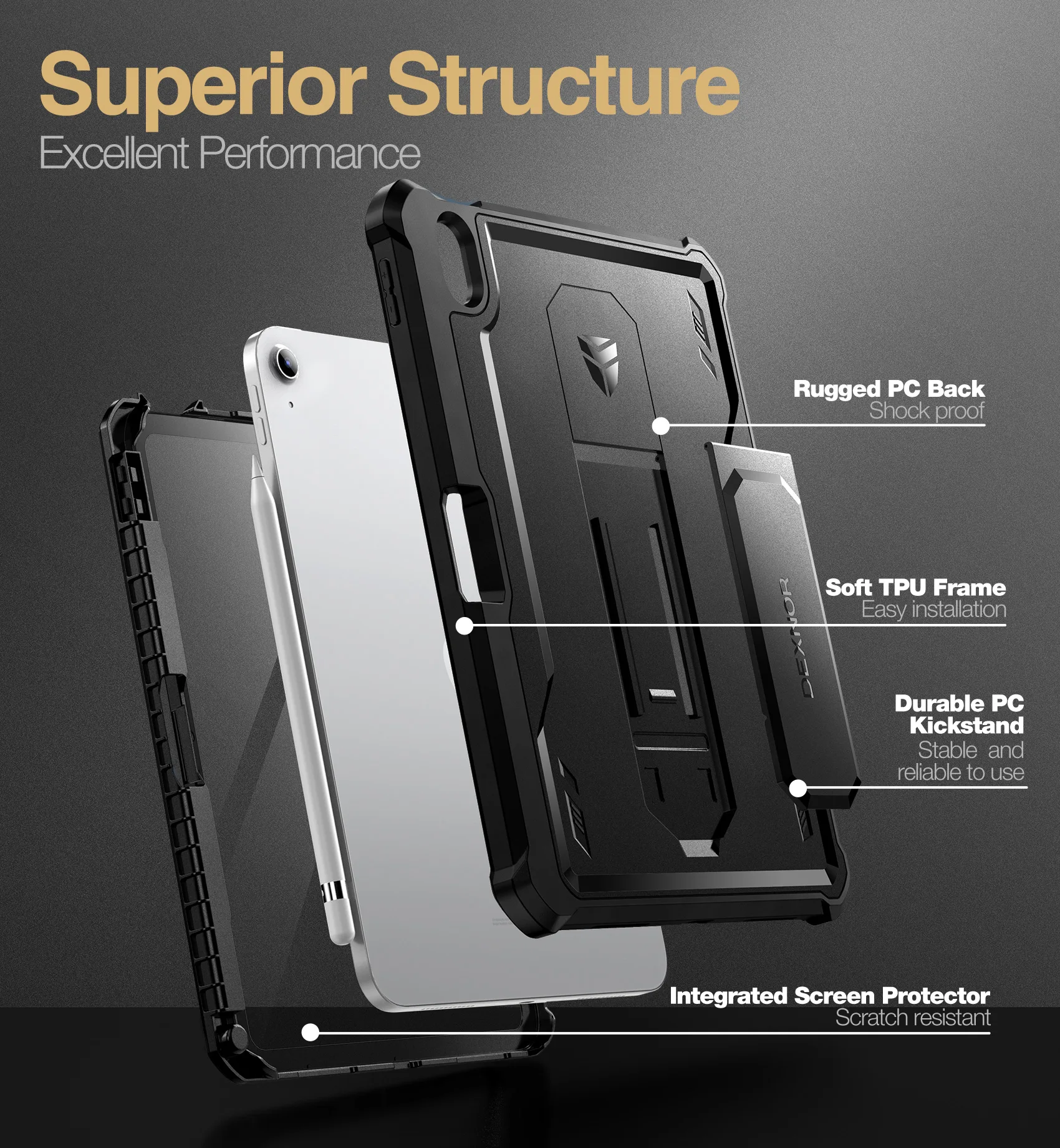 For iPad 11 iPad 10th Generation Gen Case 10.9 inch 2022 with Pencil Holder Full Body Protective Cover Built-in Screen Protector