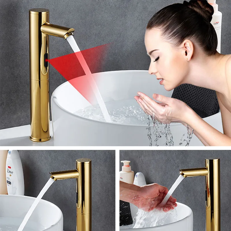 Rubinetto automatico con sensore a infrarossi dorato Montaggio su piano Smart Touch Rubinetto per acqua induttivo a mano libera Rubinetti per lavabo