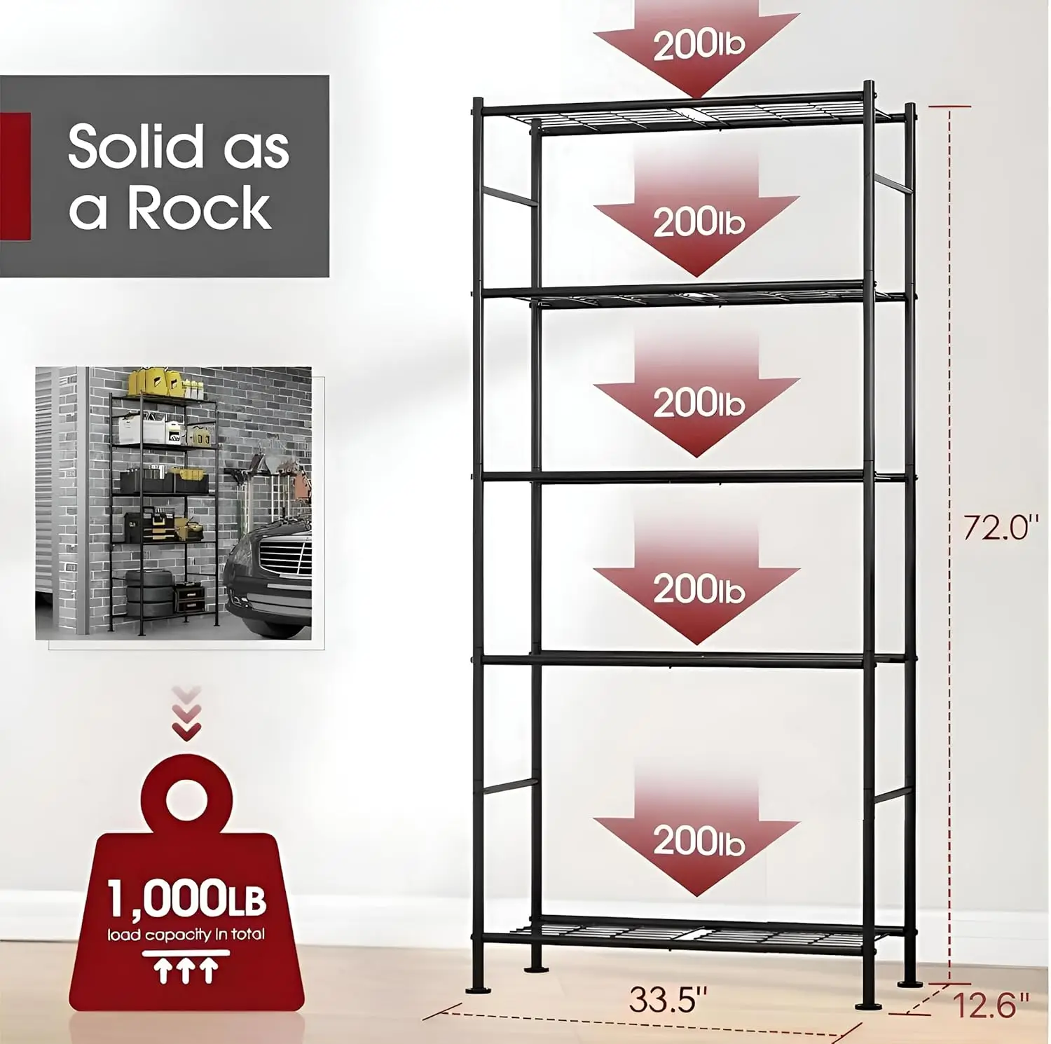 2パック5段スチール棚ユニット、ガレージや地下室用の調節可能な収納ラック、33.5x12.6x72インチ、ブラック