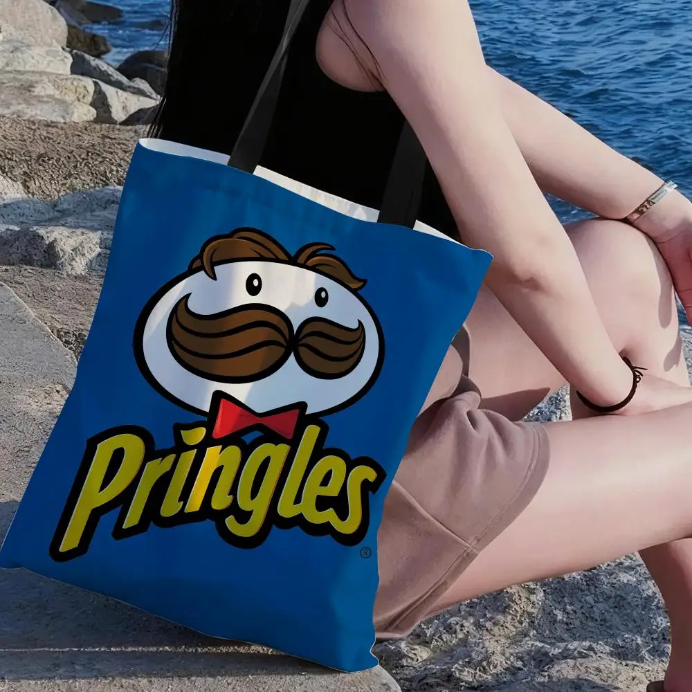 Bolsas de almacenamiento clásicas P-Pringles, bolso de lona con estampado de doble cara, bolso de compras de hombro a la moda, bolsos de regalo