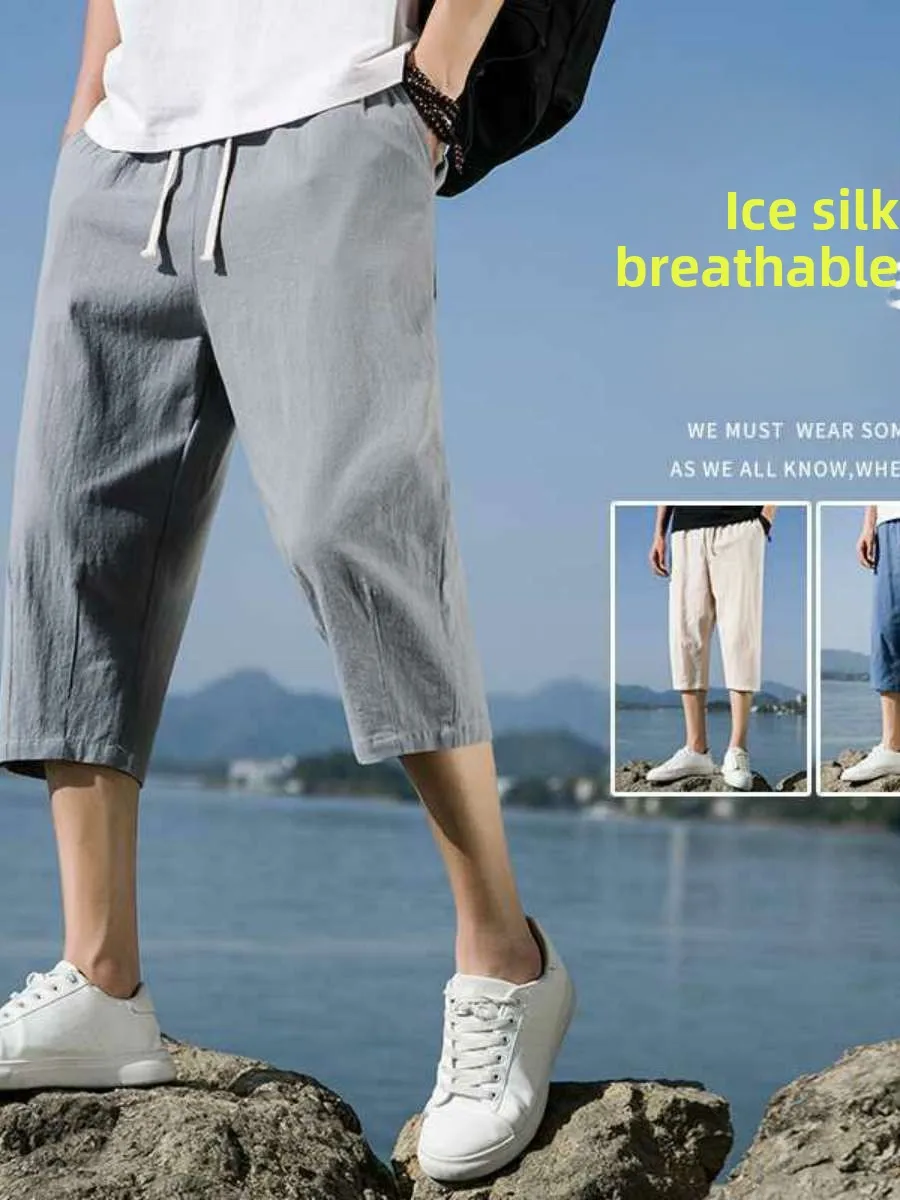 

Men's Cotton Linen Seven-Foot Pants Summer Casual Loose Beach orts Eight-Foot Trousers mid Waist Thin Spring Season