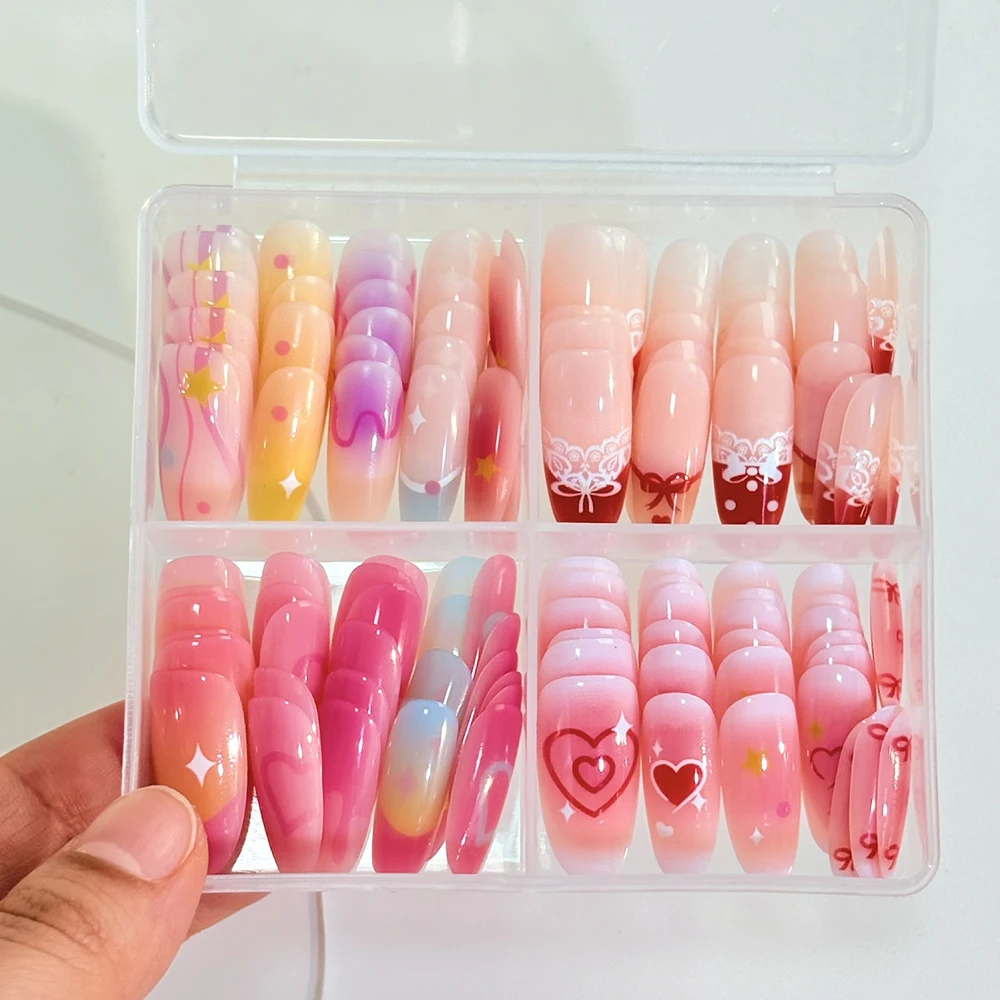120 Stück Dopamin-Farbverlauf Press-On-Nägel mit Herz-, Stern-, Schleifen- und Punktmuster, französische künstliche Nagelspitzen, süße Mädchen-Valentinstag-Mandel-Kunstnägel – Detail 1